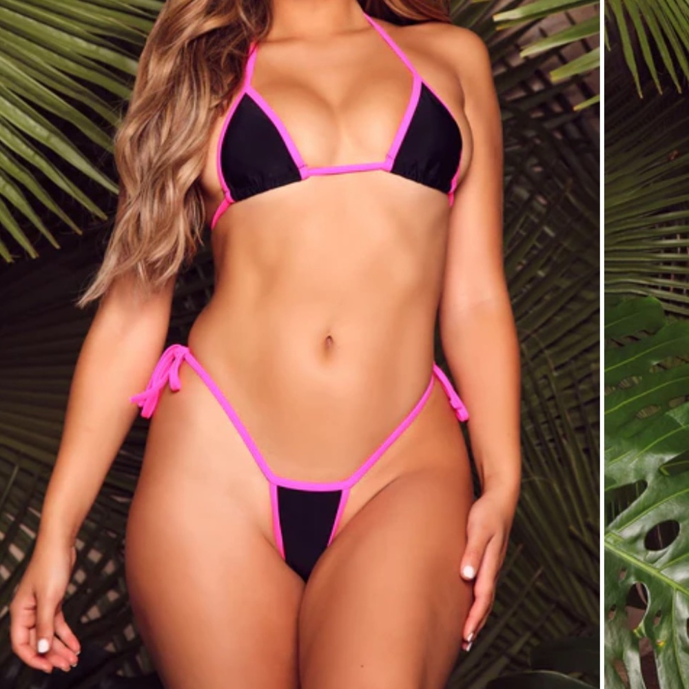 Women's Black Bikini with Hot Pink Trim - String Triangle Top & Tie-Side Bottom